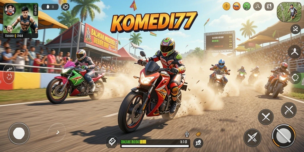 Gambaran seru gameplay KOMEDI77 dalam balapan motor yang penuh tawa.